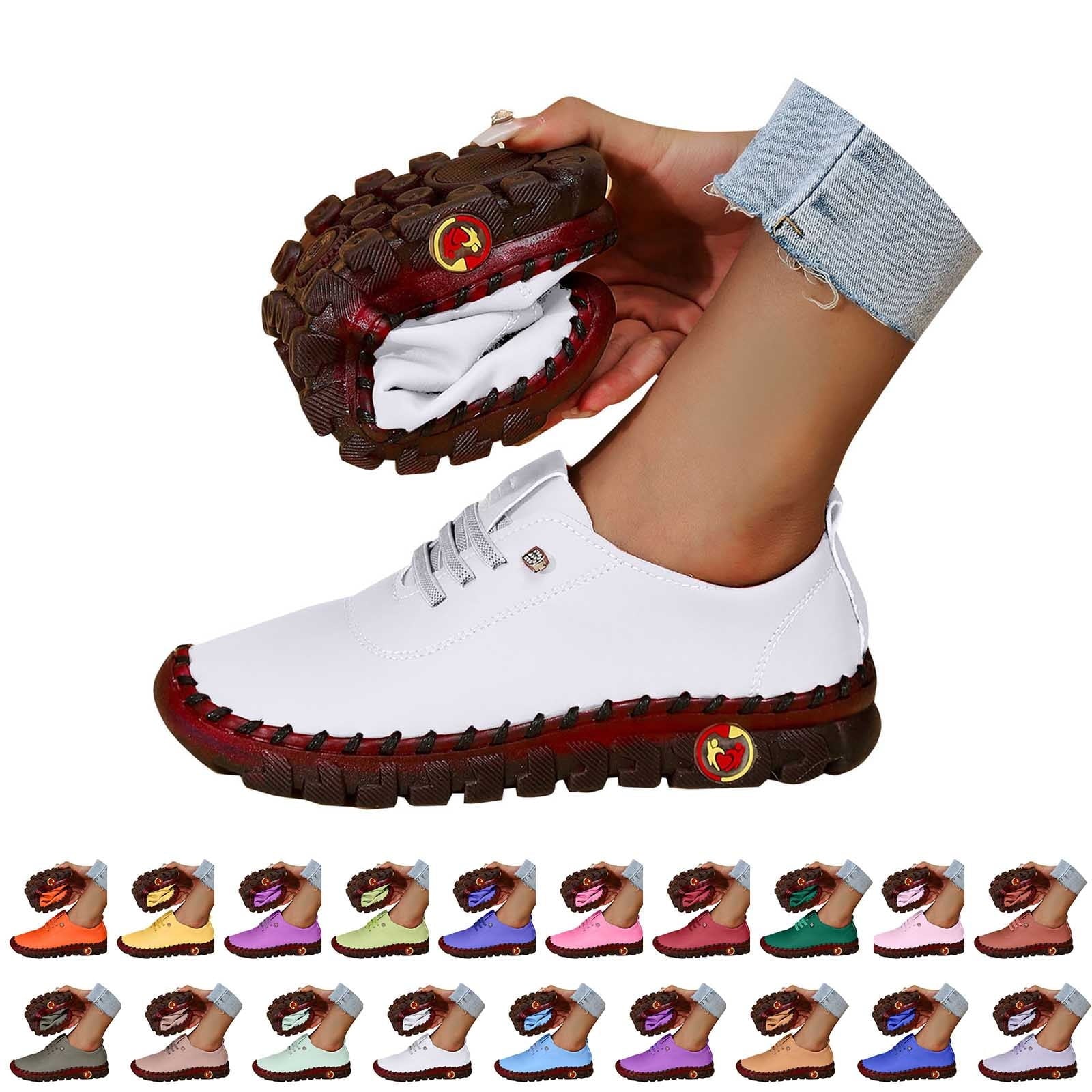 XIMIN Women Leather Soft Bottom Beef Tendon Loafers Slip-on Orthopedic Shoes Walking Arch Support Sneakers Low Top Lightweight Breathable Running Shoes Comfortable Sneakers