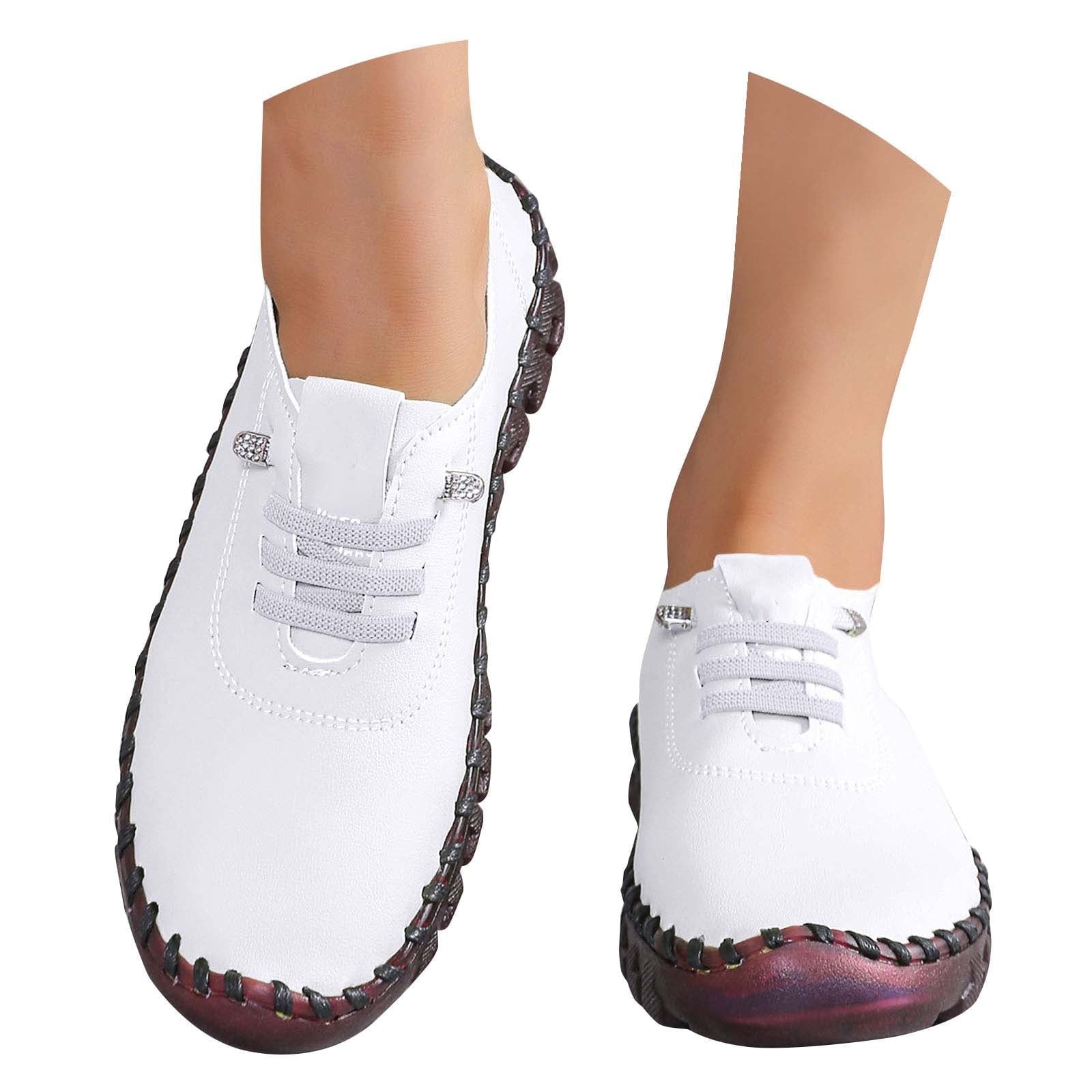 XIMIN Women Leather Soft Bottom Beef Tendon Loafers Slip-on Orthopedic Shoes Walking Arch Support Sneakers Low Top Lightweight Breathable Running Shoes Comfortable Sneakers