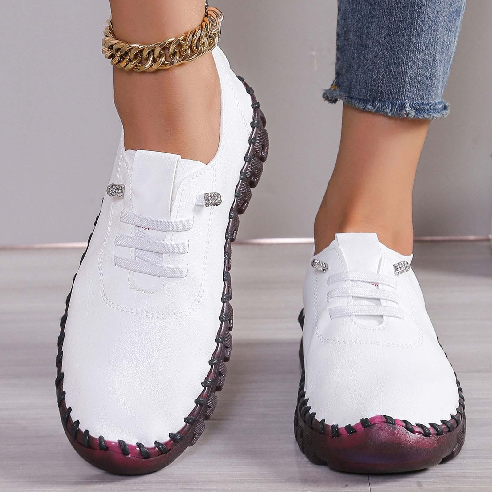 XIMIN Women Leather Soft Bottom Beef Tendon Loafers Slip-on Orthopedic Shoes Walking Arch Support Sneakers Low Top Lightweight Breathable Running Shoes Comfortable Sneakers