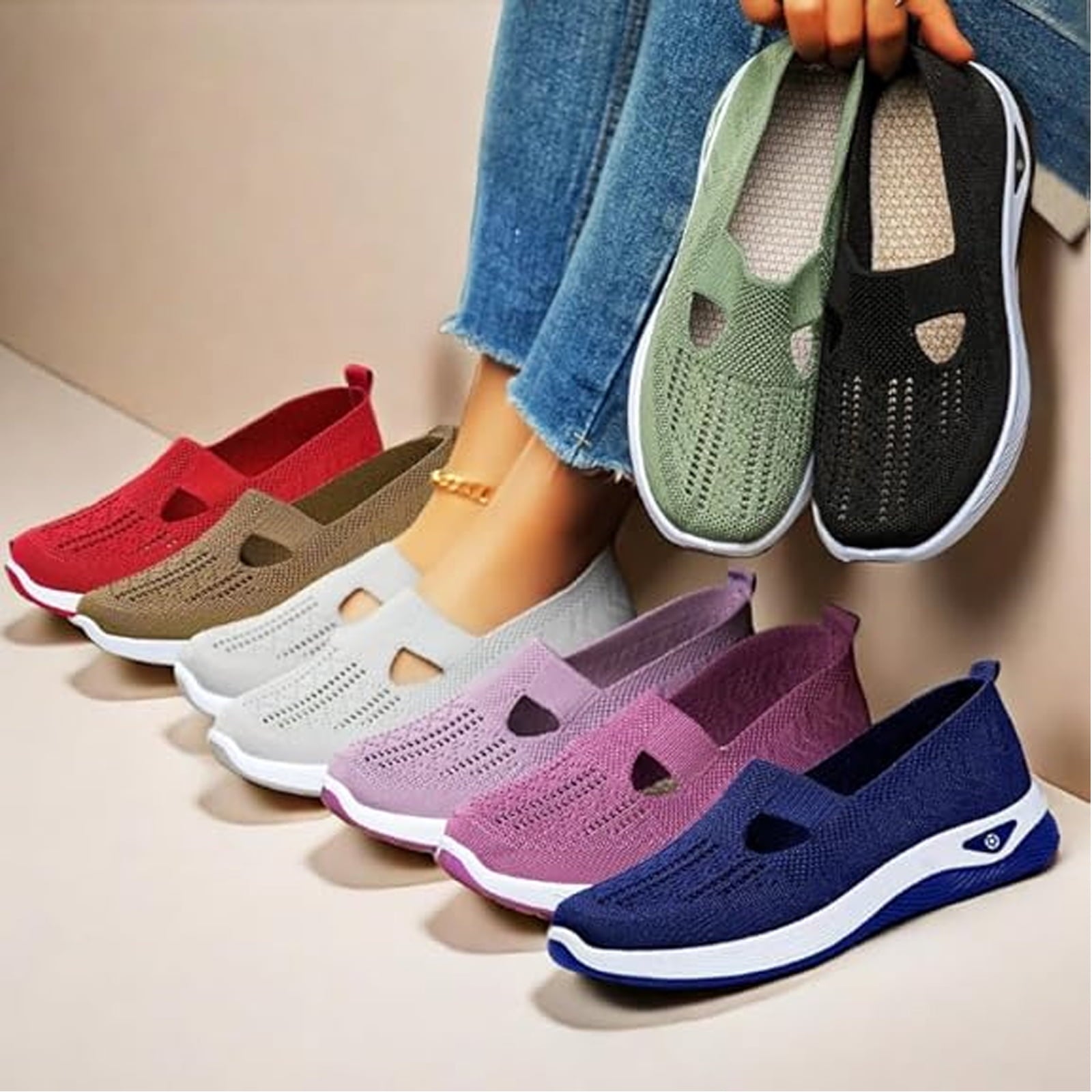 XDDLITP Women's Woven Orthopedic Breathable Soft Shoes Slip On Diabetic Foam Walking Shoes Arch Support Non Slip Lightweight Casual Breathable Tennis Shoes,Beige 35(US-5.5)